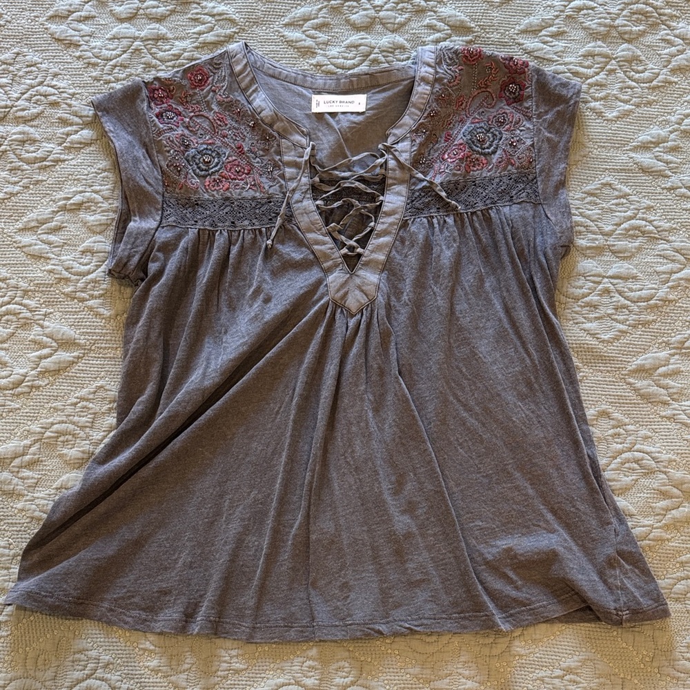 Lucky Brand Gray Lace-Up Embroidered Blouse